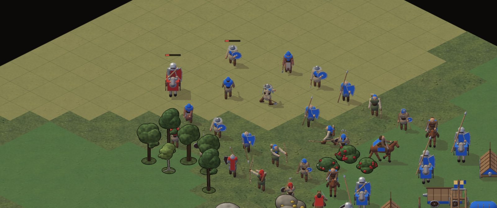 Infantry with spears and shields, archers, a mounted soldier and a trebuchet fighting across grass and dirt.