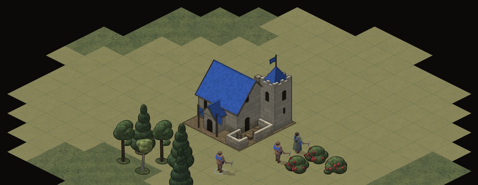 A stone town hall with a blue roof, three villagers, pine trees and berry bushes on a small patch of explored ground.